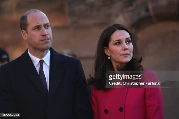 Prince William, Duke of Cambridge and Catherine, Duchess of Cambridge arrive for their visit to Coventry Cathedral during their visit to the city on...