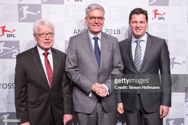 League President Dr. Reinhard Rauball poses with Thomas Bellut and DFL CEO Christian Seifert during the 2018 DFL New Year Reception at Thurn & Taxis...
