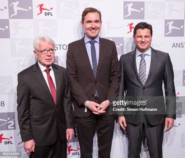 League President Dr. Reinhard Rauball poses with DFB General Secretary Dr. Friedrich Curtius and DFL CEO Christian Seifert during the 2018 DFL New...