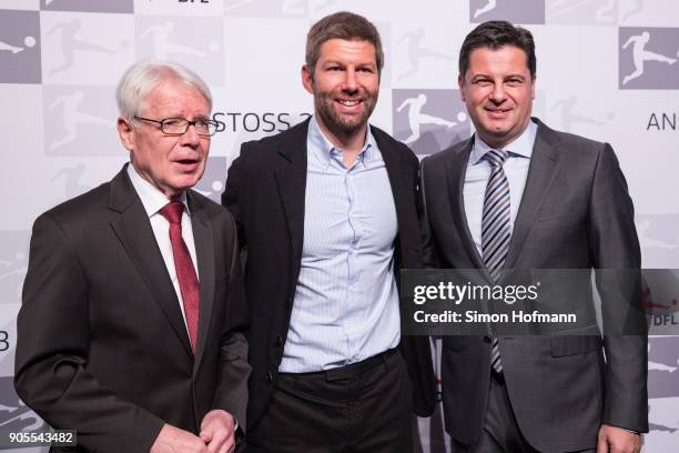 League President Dr. Reinhard Rauball poses with Thomas Hitzlsperger and DFL CEO Christian Seifert during the 2018 DFL New Year Reception at Thurn &...