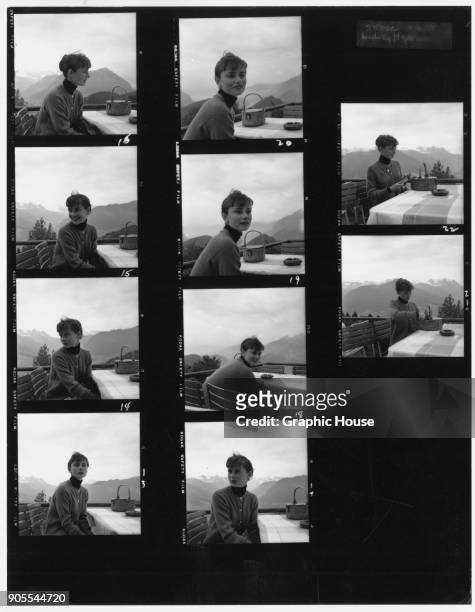 Contact sheet depicting Belgian-born actress Audrey Hepburn on the terrace of the Restaurant Hammetschwand at the summit of the Bürgenstock,...