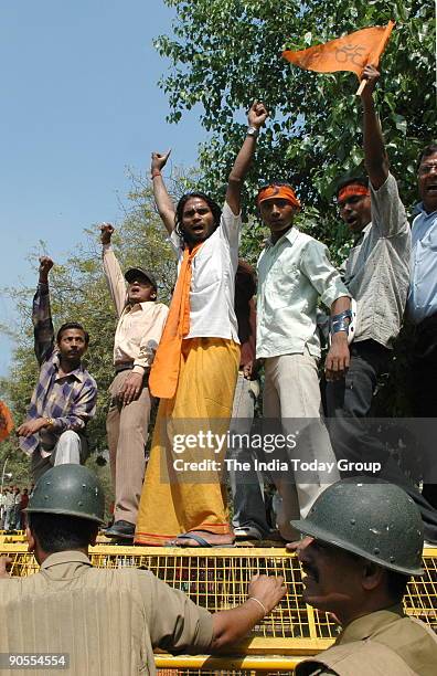 Activists of hindu hardliner group Bajrang Dal demonstrating against attacks on hindu temples in Varanasi,Uttar Pradesh, India