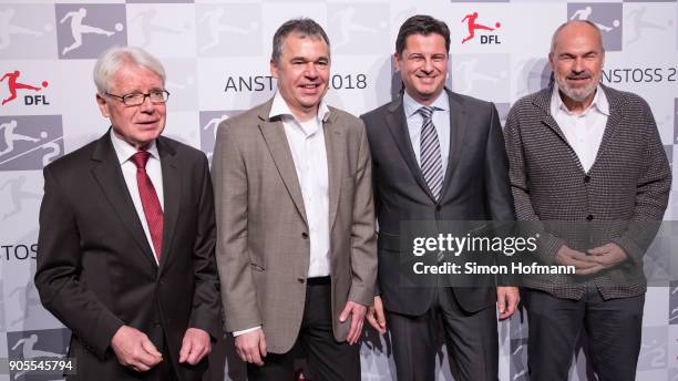 League President Dr. Reinhard Rauball poses with Andreas Rettig , Wolfgang Holzhaeuser and DFL CEO Christian Seifert during the 2018 DFL New Year...