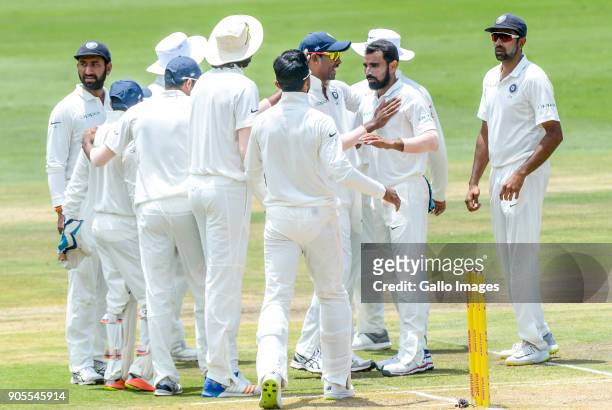 Indian players celebrate after taking AB de Villiers of South Africa during day 4 of the 2nd Sunfoil Test match between South Africa and India at...