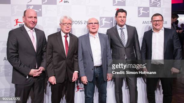 League President Dr. Reinhard Rauball poses with Stephan Schippers , Max Eberl and DFL CEO Christian Seifert during the 2018 DFL New Year Reception...