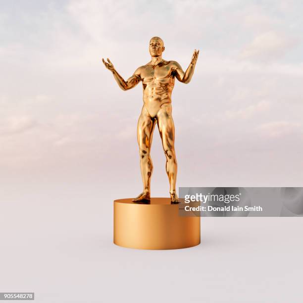 uncertain golden man gesturing on pedestal - statue stock pictures, royalty-free photos & images