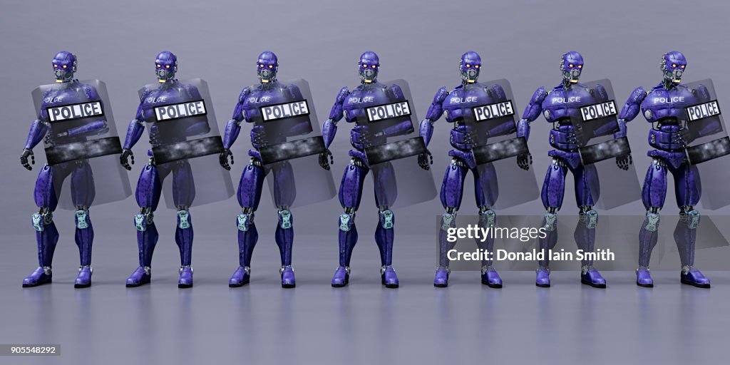 Futuristic robot police holding shields