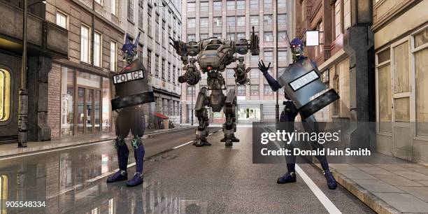 futuristic robot police standing in city street - machine guarding stock pictures, royalty-free photos & images