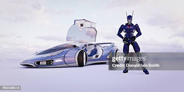 futuristic robot officer and police car - augmented reality car stockfoto's en -beelden