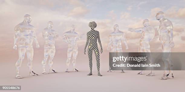 checkered boy wearing virtual reality goggles near transparent men - entourer photos et images de collection