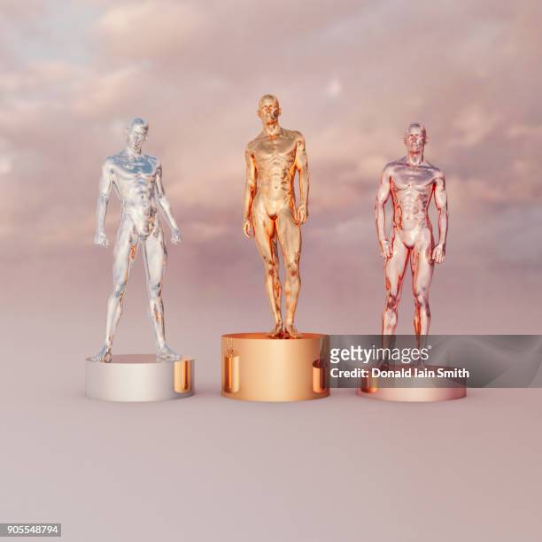 gold, silver and bronze men on pedestals - winners podium stockfoto's en -beelden