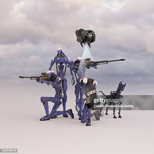 futuristic police force and drone with robot dog - police in riot gear stock-fotos und bilder