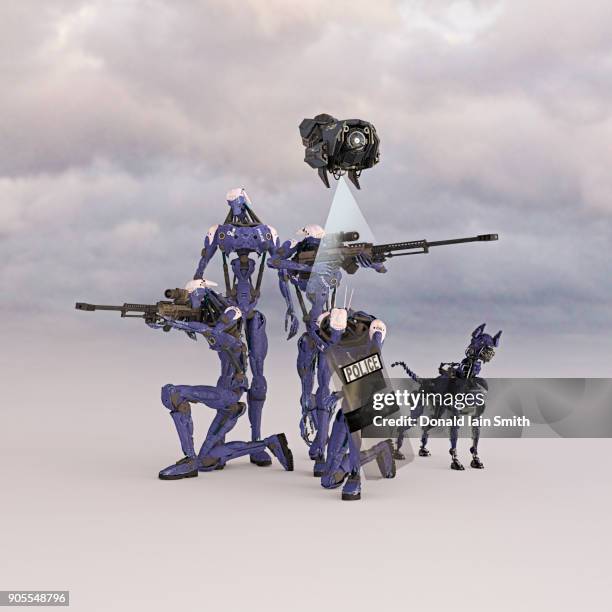 futuristic police force and drone with robot dog - police in riot gear stockfoto's en -beelden