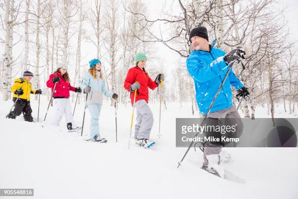 caucasian family snowshoeing in winter - sneeuwschoen stockfoto's en -beelden