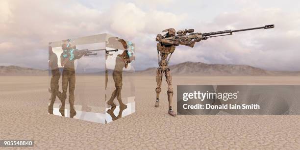 futuristic soldiers in cube in desert near robot - space war stock pictures, royalty-free photos & images