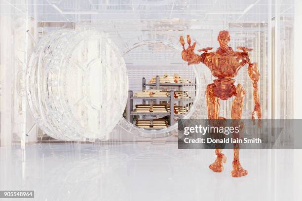 futuristic robot protecting vault in bank - biotechnology investment stock pictures, royalty-free photos & images