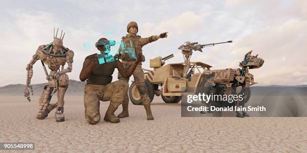 futuristic soldiers and robot dog in desert - space weapon stock pictures, royalty-free photos & images