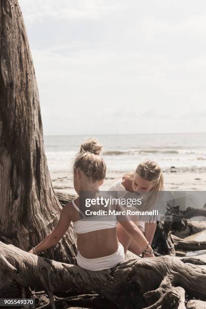 caucasian girl sitting on driftwood at beach - jekyll island stock pictures, royalty-free photos & images