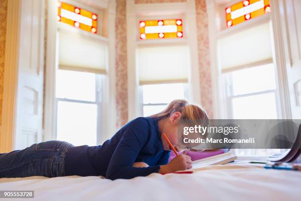 caucasian girl laying on bed writing in notebook - co writer stock pictures, royalty-free photos & images