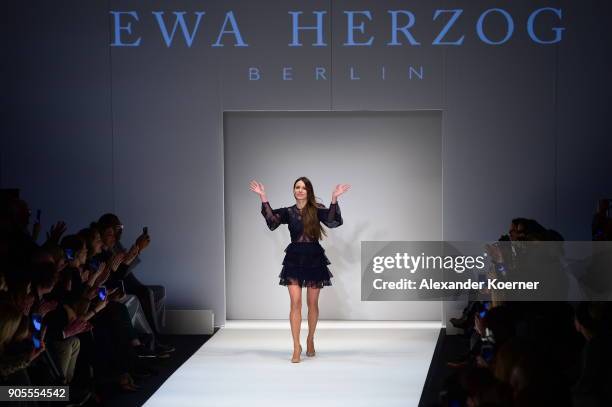 Designer Ewa Herzog acknowledges the applause of the audience after her show during the MBFW Berlin January 2018 at ewerk on January 16, 2018 in...