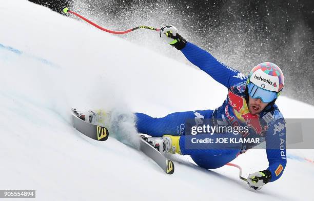 Luca De Aliprandini of Italy skis during the first practice of the FIS Alpine World Cup Men's downhill in Kitzbuehel, Austria on January 16, 2018. /...