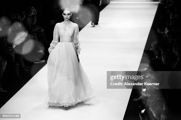 Model walks the runway during the Ewa Herzog show at MBFW Berlin January 2018 at ewerk on January 16, 2018 in Berlin, Germany.