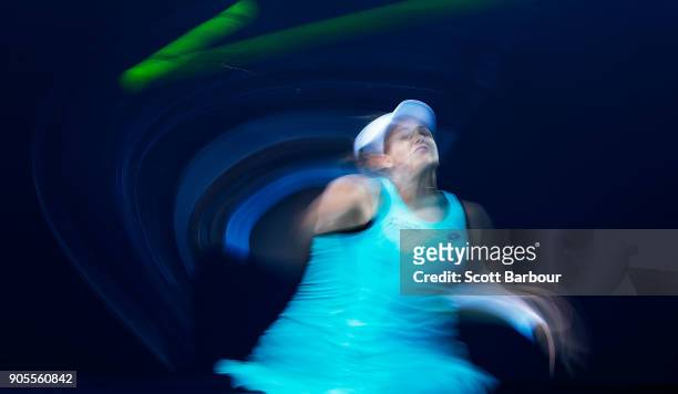 Jana Cepelova of Slovakia plays a backhand in her first round match against Lauren Davis of the United States on day two of the 2018 Australian Open...