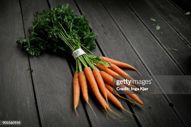 Carrots with a 'bio label', photographed on January 11, 2018 in Berlin, Germany.