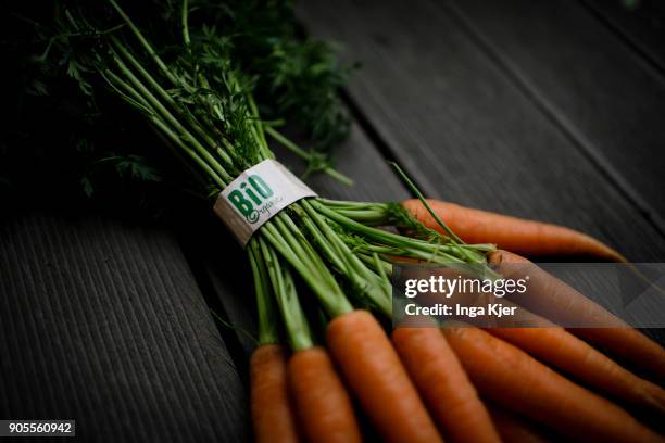 Carrots with a 'bio label', photographed on January 11, 2018 in Berlin, Germany.