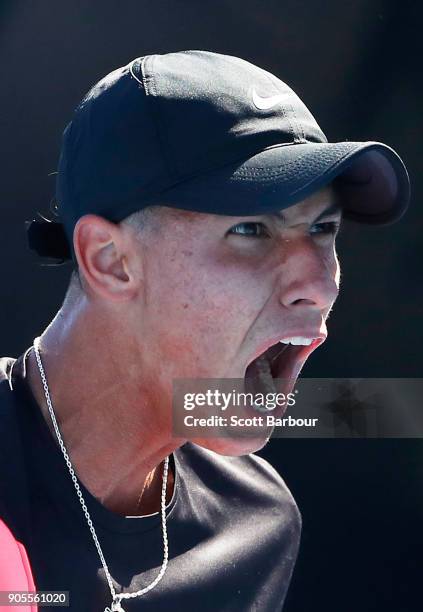 Alexei Popyrin of Australia celebrates winning a point in his first round match against Tim Smyczek of the United States on day two of the 2018...