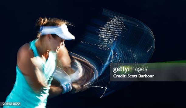 Jana Cepelova of Slovakia plays a backhand in her first round match against Lauren Davis of the United States on day two of the 2018 Australian Open...