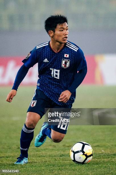 Hatate Reo of Japan drives the ball during the AFC U-23 Championship Group B match between Japan and North Korea at Jiangyin Stadium on January 16,...