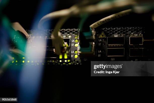 Connectors and LED lights of a server in a data room, on January 12, 2018 in Berlin, Germany.