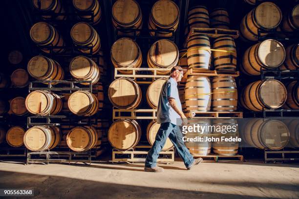 caucasian man walking near barrels in distillery - destilação imagens e fotografias de stock
