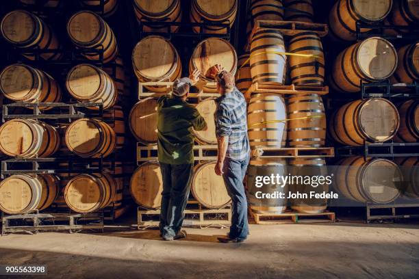 caucasian men examining barrel in distillery - destilería fotografías e imágenes de stock