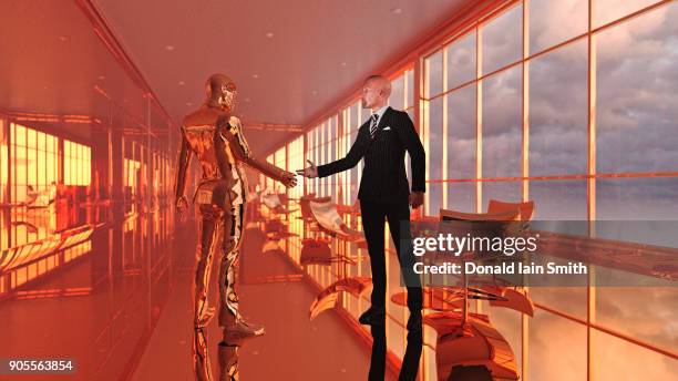 businessman shaking hands with a robot - cyborg stock-fotos und bilder