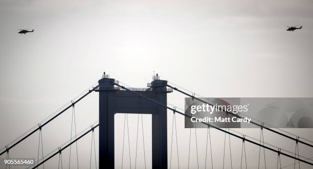 Two of four helicopters from the Army Air Corps' last remaining Lynx Mk9 helicopters from 657 Squadron pass the Severn Bridge on January 16, 2018 in...