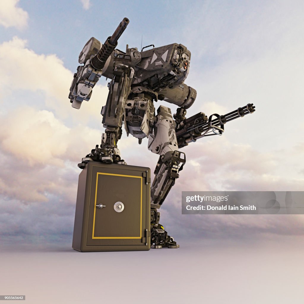 Robot with guns guarding safe
