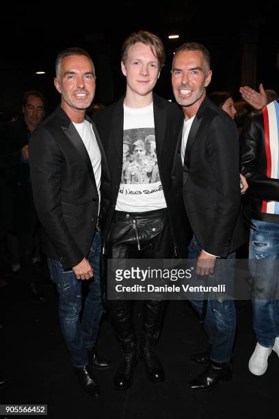 Dean Caten, Patrick Gibson and Dan Caten attend the Dsquared2 show during Milan Menswear Fashion Week Fall/Winter 2018/19 on January 14, 2018 in...