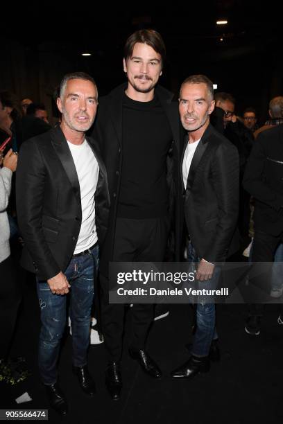 Dean Caten, Josh Hartnett and Dan Caten attend the Dsquared2 show during Milan Menswear Fashion Week Fall/Winter 2018/19 on January 14, 2018 in...