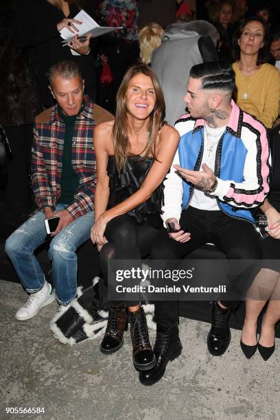 Angelo Gioia, Anna Dello Russo and Emiliano Rudolf Giambelli a.k.a Emis Killa attend the Dsquared2 show during Milan Menswear Fashion Week...