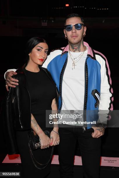 Tiffany Chanel Madamekilla and Emiliano Rudolf Giambelli a.k.a Emis Killa attend the Dsquared2 show during Milan Menswear Fashion Week Fall/Winter...