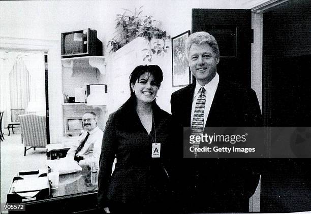 Photograph showing former White House intern Monica Lewinsky meeting President Bill Clinton at a White House function submitted as evidence in...