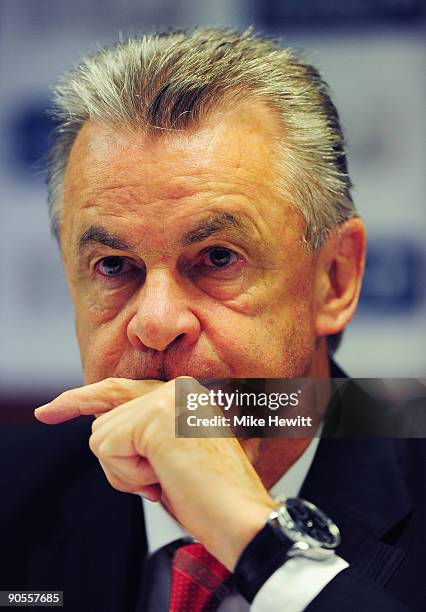 Switzerland coach Ottmar Hitzfeld talks to the media after the FIFA 2010 World Cup Group 2 Qualifier between Latvia and Switzerland at the Skonto...