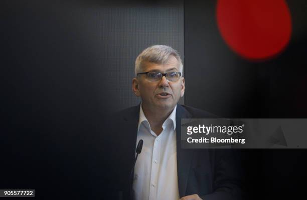 Joerg Hofmann, chairman of IG Metall, speaks during the labor union's annual news conference in Frankfurt, Germany, on Tuesday, Jan. 16, 2018. After...
