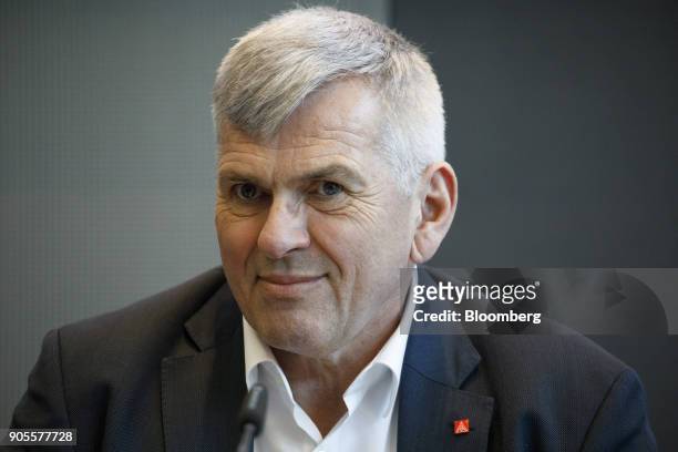 Joerg Hofmann, chairman of IG Metall, pauses during the labor union's annual news conference in Frankfurt, Germany, on Tuesday, Jan. 16, 2018. After...