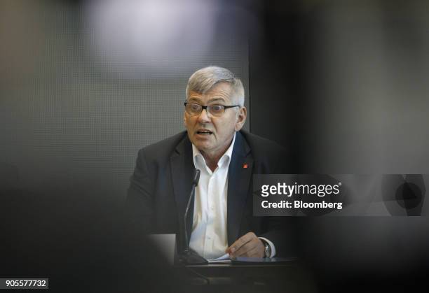Joerg Hofmann, chairman of IG Metall, speaks during the labor union's annual news conference in Frankfurt, Germany, on Tuesday, Jan. 16, 2018. After...