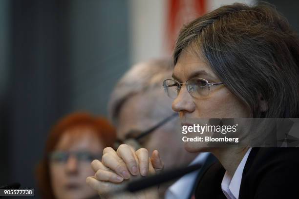 Christiane Benner, vice president of of IG Metall, pauses during the labor union's annual news conference in Frankfurt, Germany, on Tuesday, Jan. 16,...