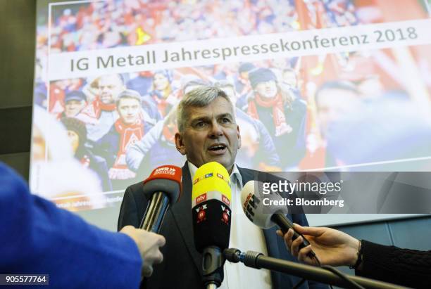 Joerg Hofmann, chairman of IG Metall, speaks to journalists during the labor union's annual news conference in Frankfurt, Germany, on Tuesday, Jan....