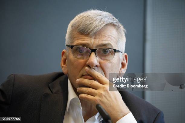 Joerg Hofmann, chairman of IG Metall, pauses during the labor union's annual news conference in Frankfurt, Germany, on Tuesday, Jan. 16, 2018. After...
